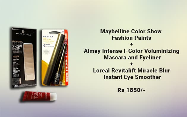 Maybelline Color Show Fashion Paints + Almay Intense I-Color Voluminizing Mascara and Eyeliner + Loreal Revitalift Miracle Blur Instant Eye Smoother
