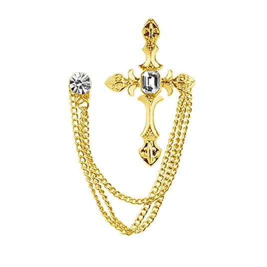 Vegas Mens Rhinestone Cross Chain Brooch Lapel Pin