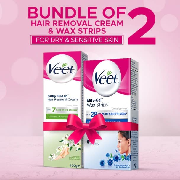 Bundle of Veet Cream Silk & Fresh 100 gm Dry + Veet Face Wax Strips Senstive 8 wax strips 10% off