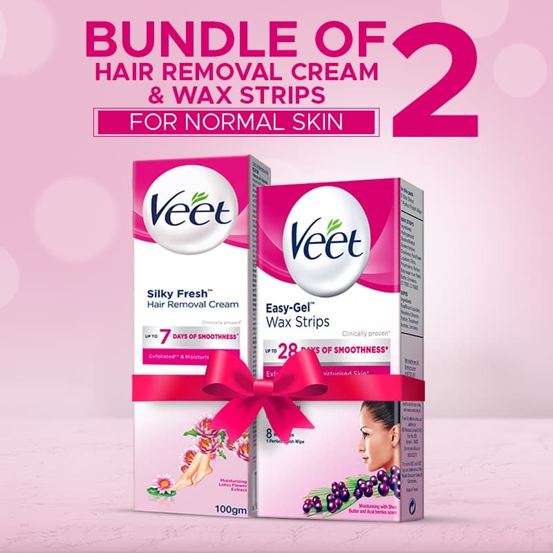 Bundle of Veet Cream Silk & Fresh 100 gm Normal + Veet Face Wax Strips Normal 8 wax strips 10% off