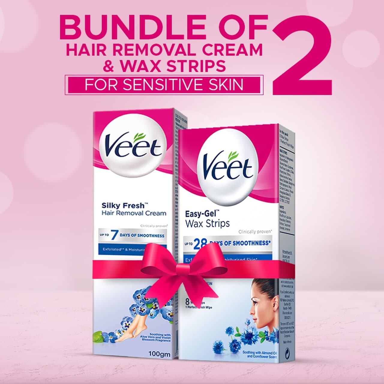 Bundle of Veet Cream Silk & Fresh 100 gm Senstive + Veet Face Wax Strips Senstive 8 wax strips 10% off