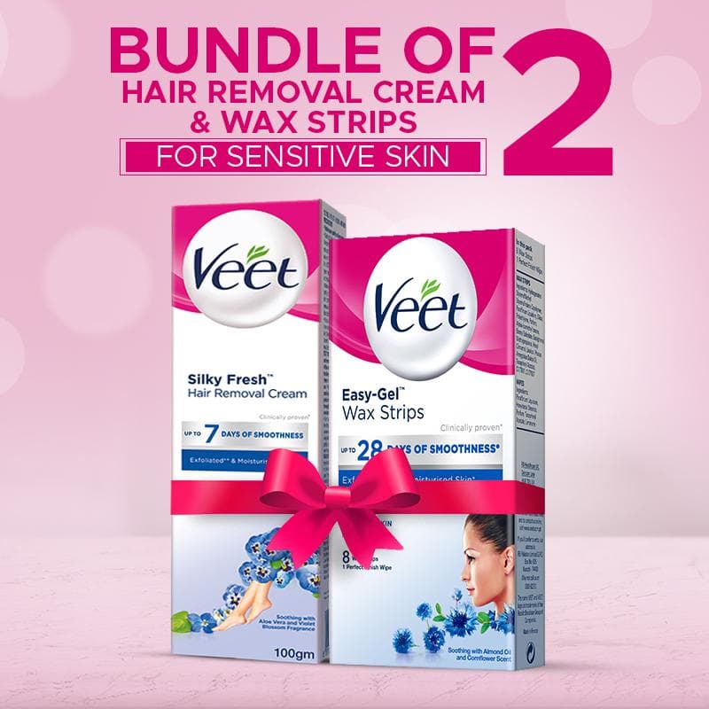 Bundle of Veet Cream Silk & Fresh 100 gm Sensitive + Veet Face Wax Strips Sensitive 8