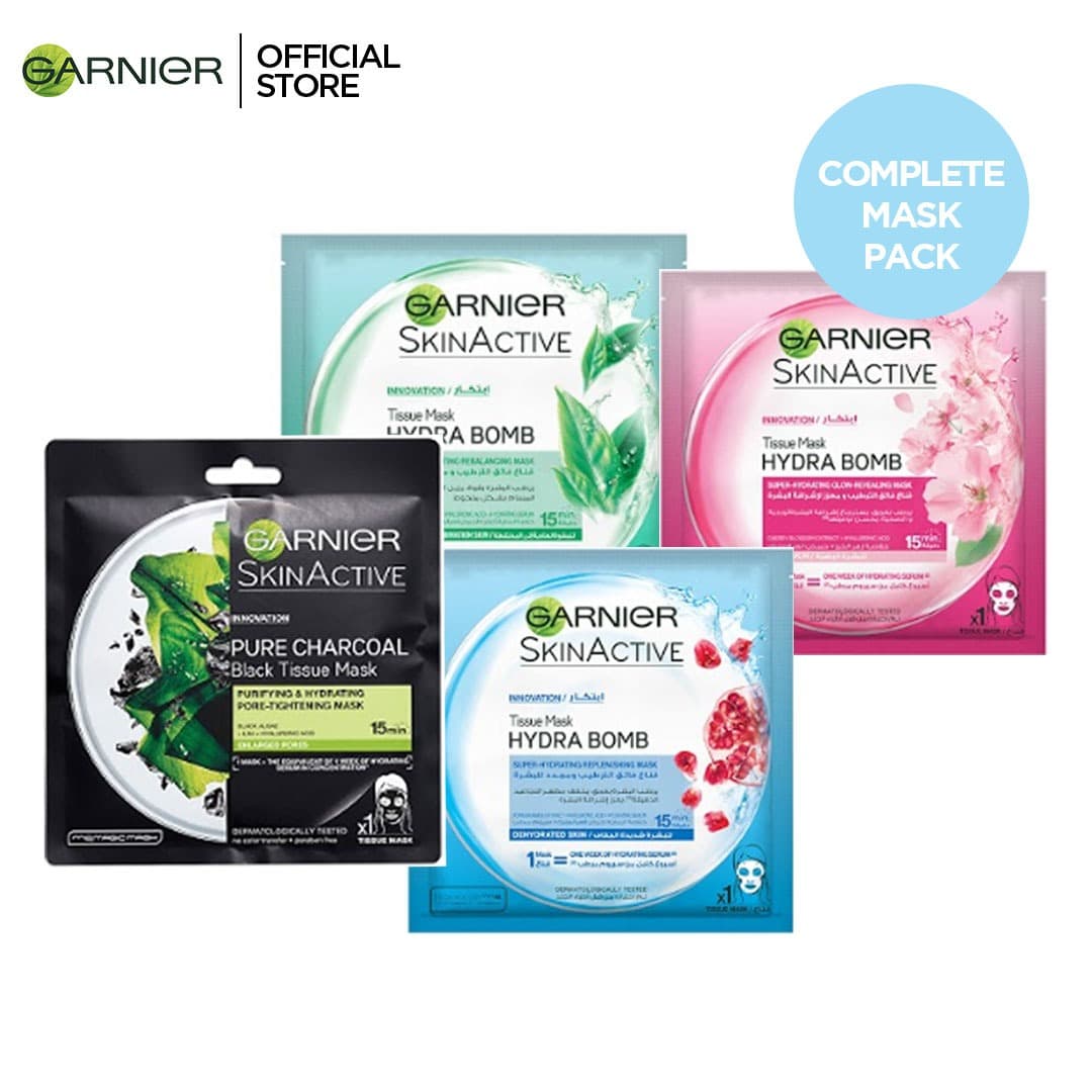 Garnier Complete Mask Pack - Hydrabomb Sakura Mask, Hydrabomb Green Tea Mask, Hydrabomb Charcoal Black Algae Mask, Hydrabomb Pomegrante Mask