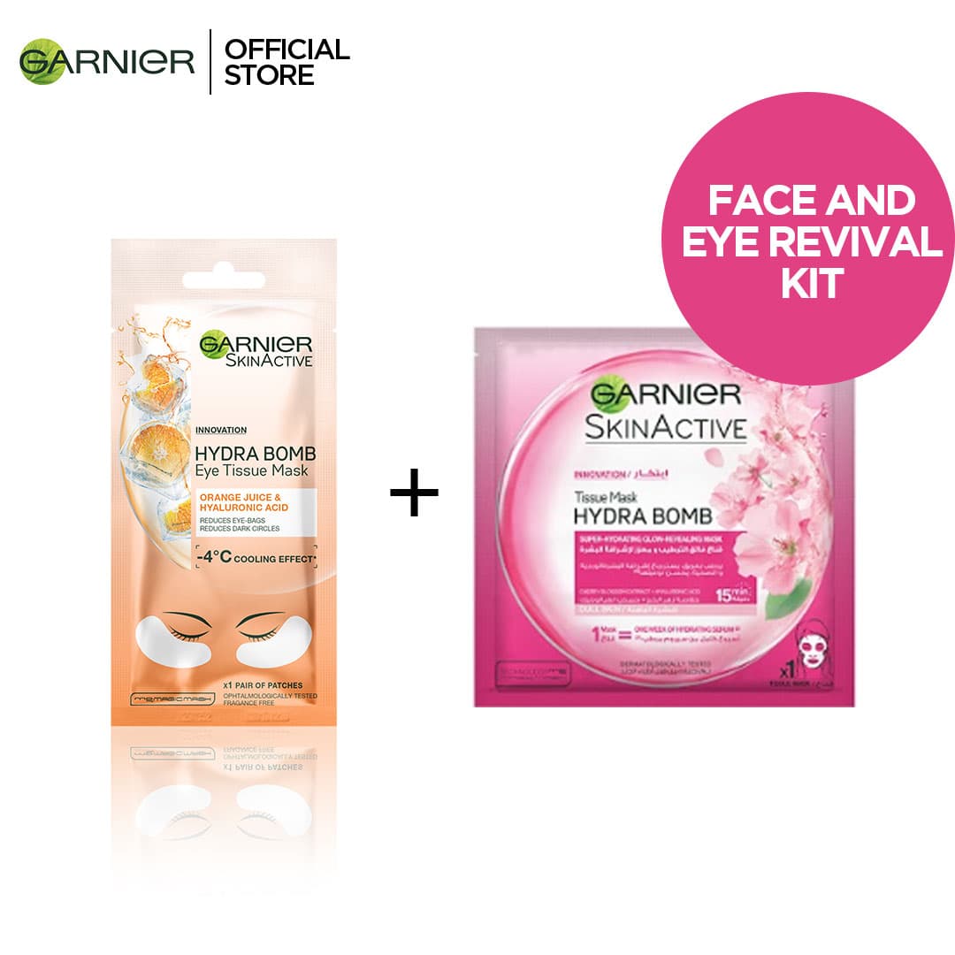 Garnier Face and Eye Revival Kit - Hydrabomb Sakura Mask+ Hydrabomb Orange Eye Mask
