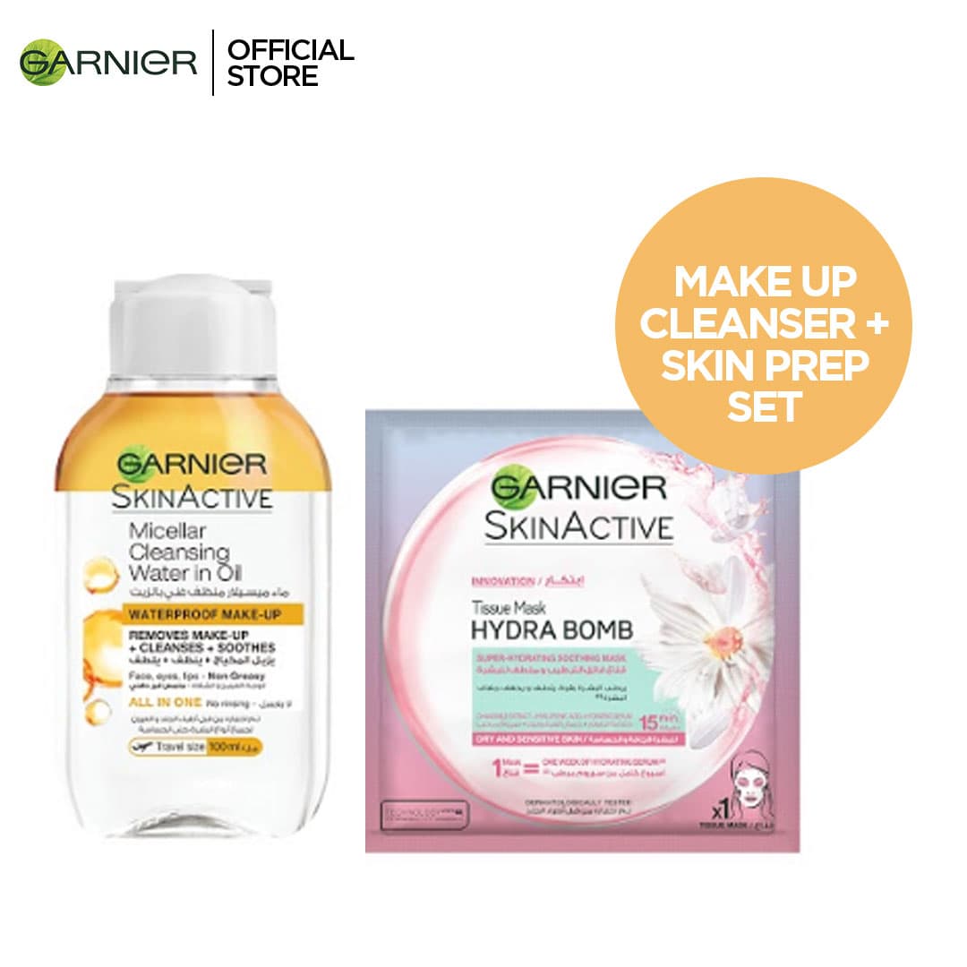 Garnier Make up Cleanser + Skin Prep Set 30%. Micellar Oil in Water 100ml + Hydrabomb Camomile Mask (Even for Sensitive Skin)