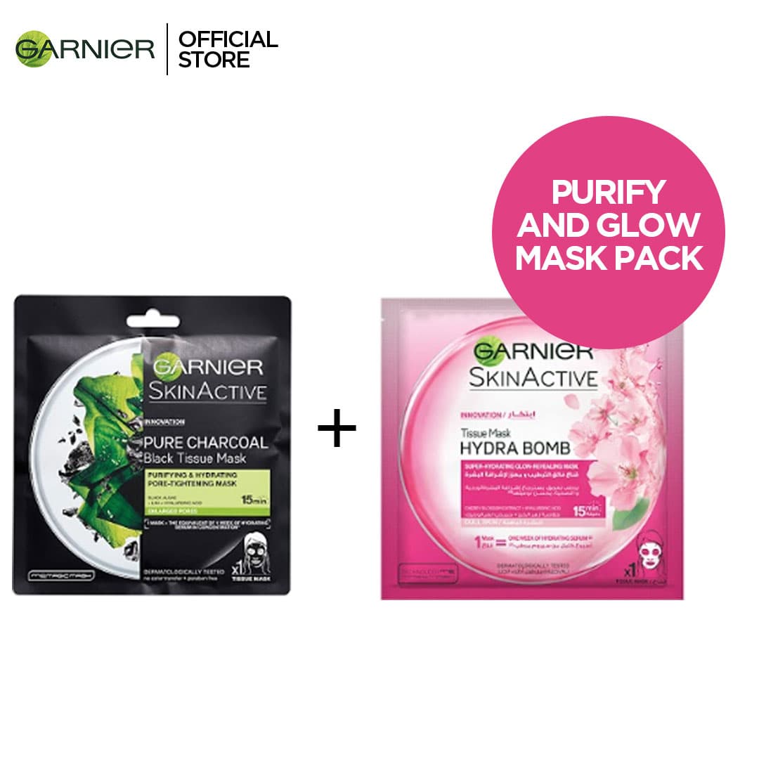 Garnier Purify and Glow Mask Pack 30% Off. Hydrabomb Sakura Mask + Hydrabomb Black Algae Mask