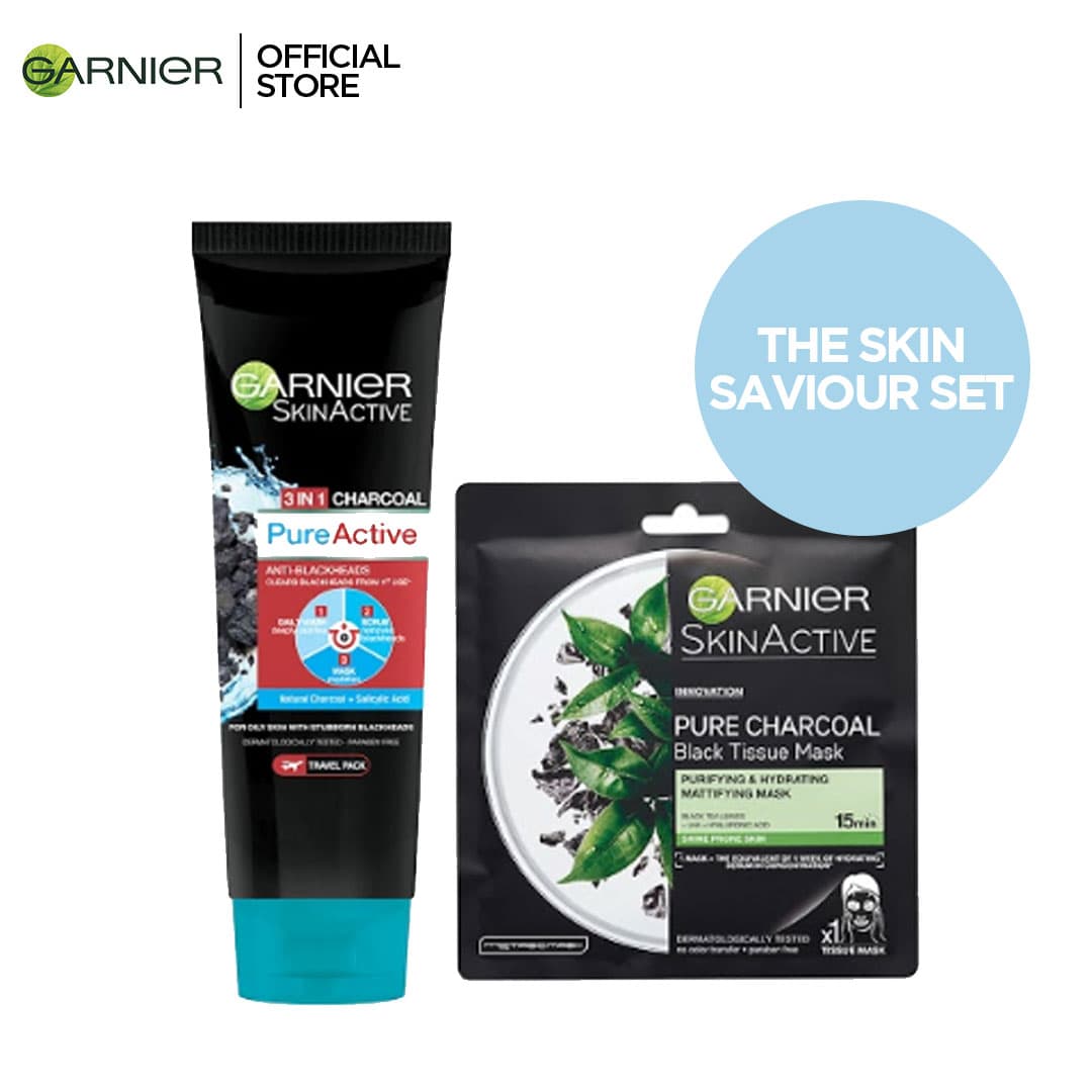 Garnier The Skin Saviour Set - Pure Active 3 in 1 Charcoal 50 ml + Hydrabomb Black Tea Mask