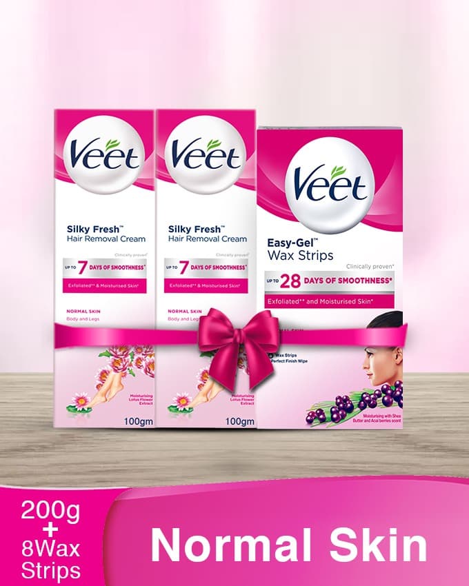 Home Salon kit - Free Face Wax Strips Normal with Two Veet Silk & Fresh Cream Normal 100 gm