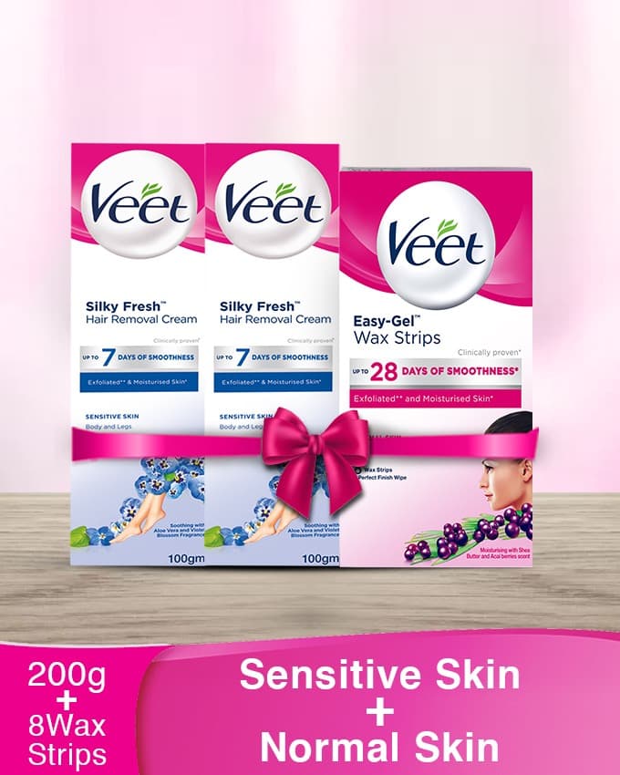 Home Salon kit - FREE FACE WAX STRIPS with Two Veet Silk & Fresh Cream Sensitive 100 gm