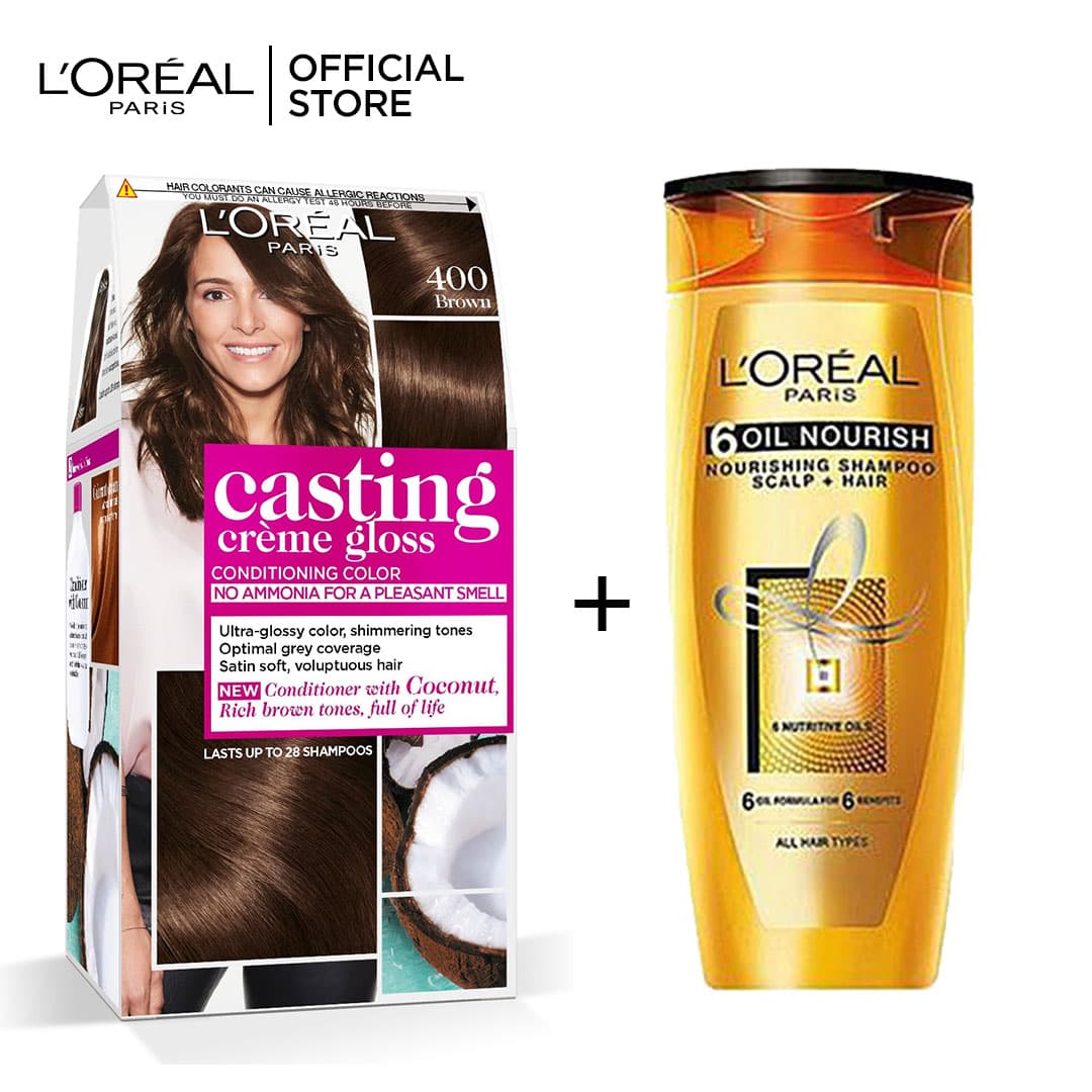 Loreal Paris 6 Oil nourish Shampoo 175ml + Casting Creme Gloss 400 Brown