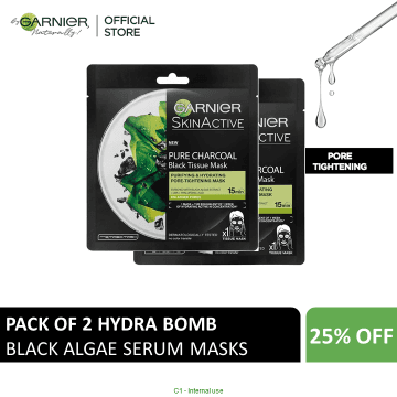 Pack of 2 Garnier Pure Charcoal Black Algae Tissue Mask Pore Tightening