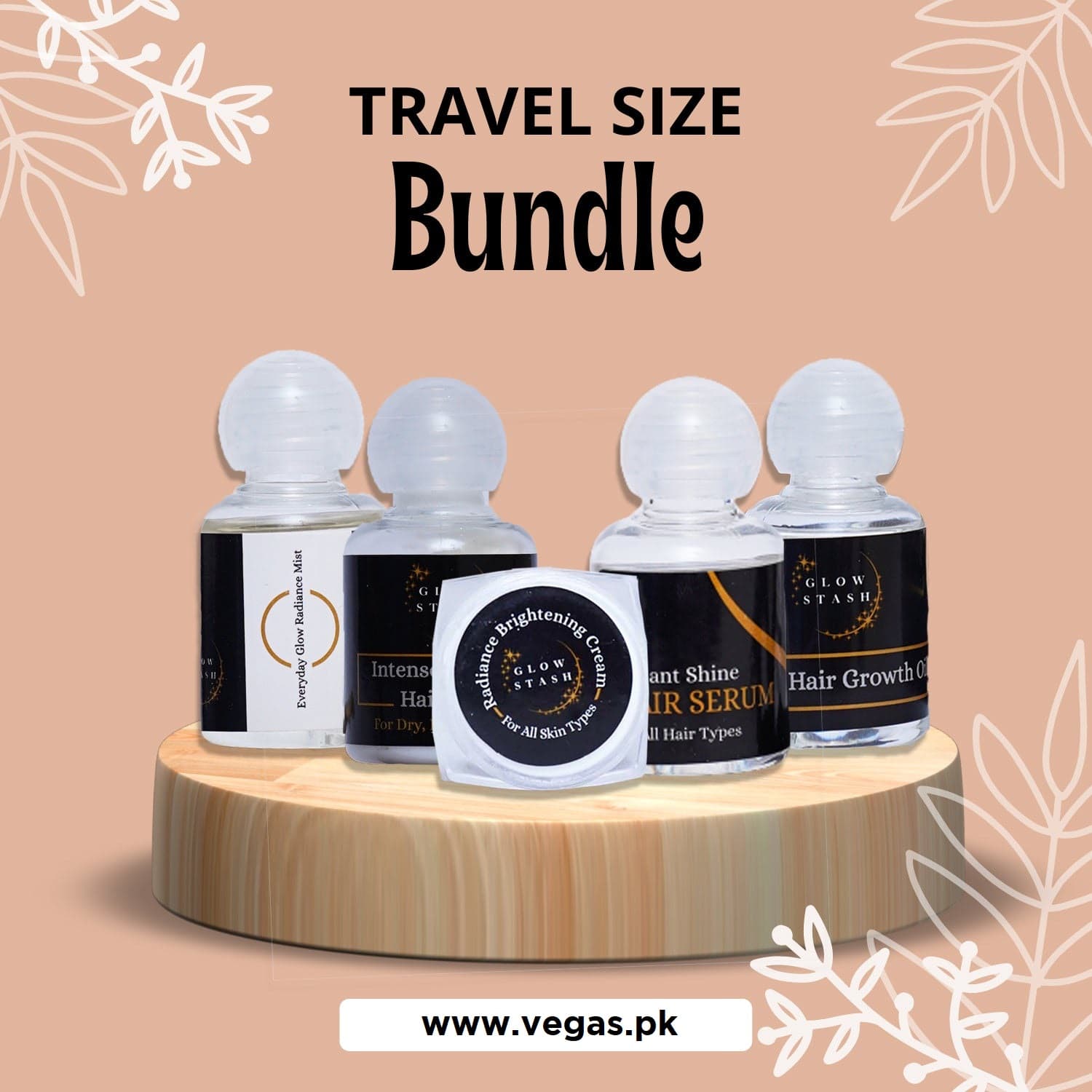 Glow Stash Travel Size Bundle, Glow Radiance Mist, Intense Hair Mask, Intense Hair Serum, Magic Hair Oil, Brightening Cream